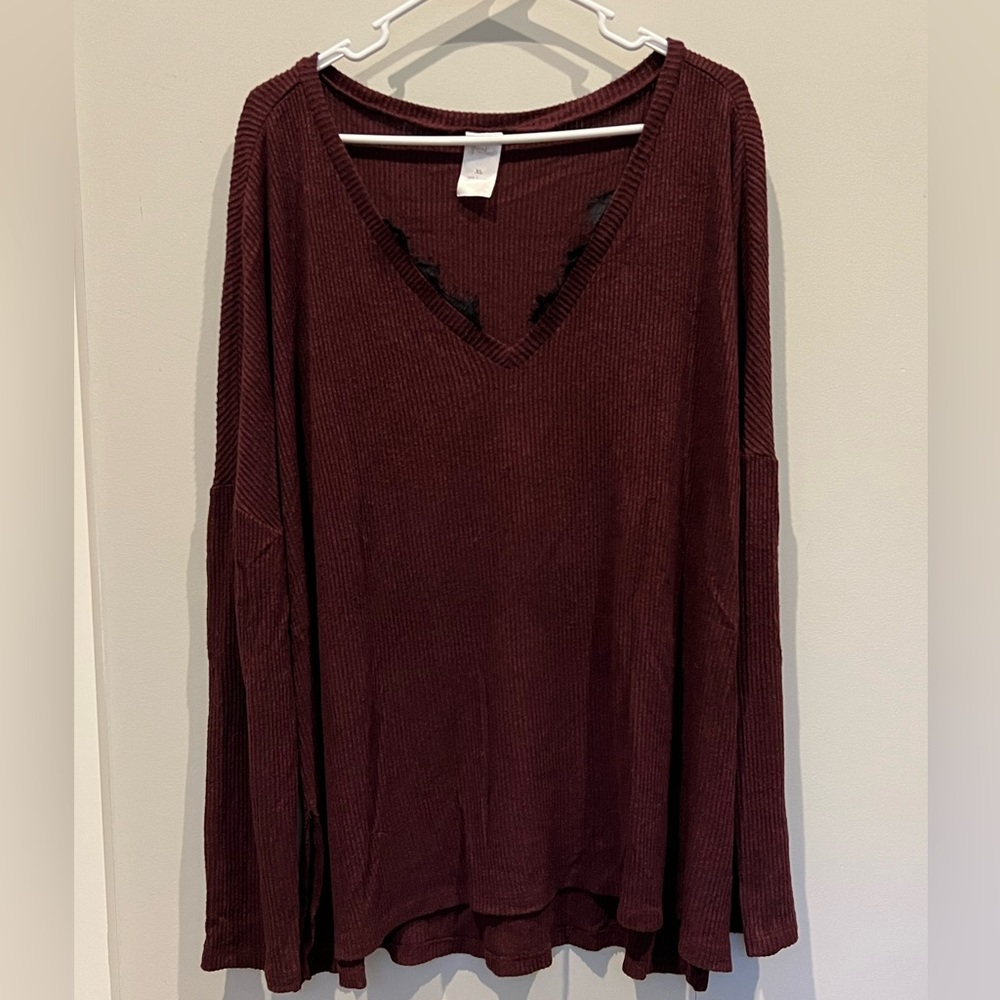 Grace and Lace light weight sweater. Eye lash lace trim at neck.